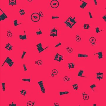 Set Lighthouse, Compass, Pirate flag and on seamless pattern. Vector Stock Illustration