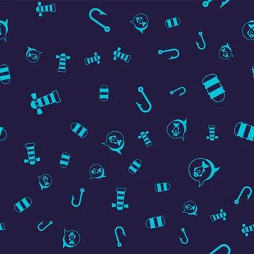 Set Lighthouse, Fishing net, hook and on seamless pattern. Vector Stock Illustration