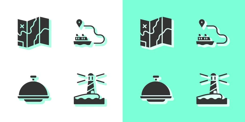 Set Lighthouse, Folded map, Covered with tray and Ship line path icon. Vector 스톡 일러스트