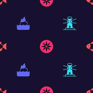 Set Lighthouse, Iceberg, Wind rose and Fish on seamless pattern. Vector Stock Illustration