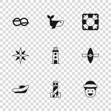 Set Lighthouse, Kayak and paddle, Sailor, Lifebuoy, Nautical rope knots, Wh.. 스톡 일러스트