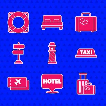 Set Lighthouse, Location hotel, Suitcase, Taxi car roof, Airline ticket, Ro.. Illustration