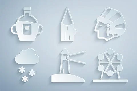 Set Lighthouse, Native American Indian, Cloud with snow, Ferris wheel, Wooden Stock Illustration