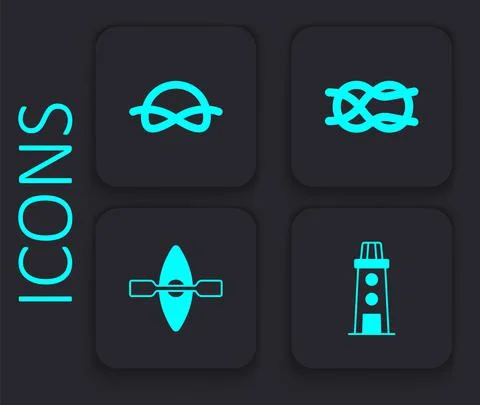 Set Lighthouse, Nautical rope knots, and Kayak and paddle icon. Black square Stock Illustration