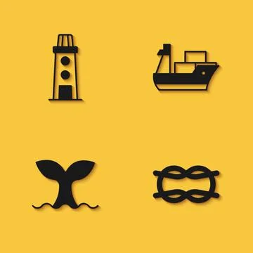 Set Lighthouse, Nautical rope knots, Whale tail and Cargo ship icon with long 库存插图