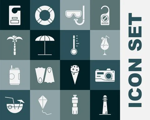 Set Lighthouse, Photo camera, Cocktail and alcohol drink, Diving mask snorkel Stock Illustration