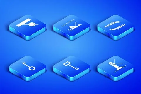 Set Lighthouse, Pirate eye patch, key, Sunken ship and Vintage pistols icon.. Stock Illustration