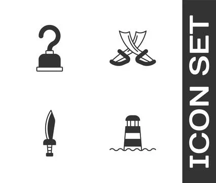 Set Lighthouse, Pirate hook, sword and Crossed pirate swords icon. Vector Stock Illustration