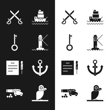 Set Lighthouse, Pirate key, Crossed pirate swords, Ship, Feather pen and scroll Stock Illustration