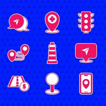 Set Lighthouse, Push pin, City map navigation, Infographic of city, Toll road Stock Illustration