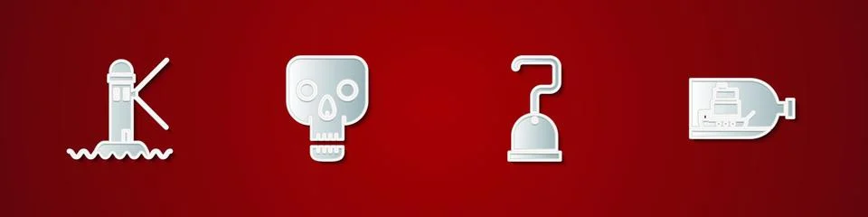 Set Lighthouse, Skull, Pirate hook and Bottle with ship inside icon. Vector Stock Illustration