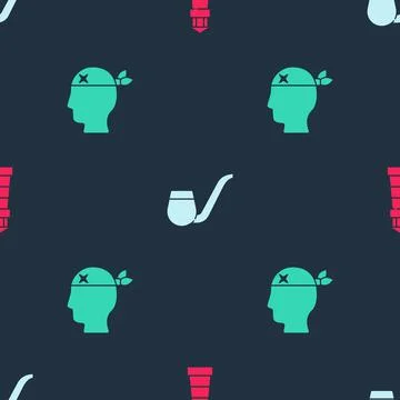 Set Lighthouse, Smoking pipe and Pirate captain on seamless pattern. Vector Stock Illustration