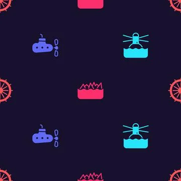 Set Lighthouse, Submarine, Sharp stone reefs and Ship steering wheel on seamless Stock Illustration