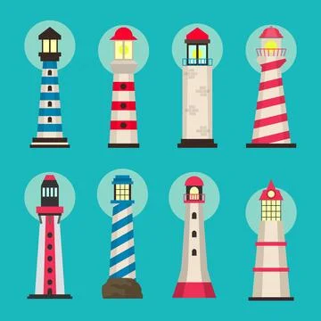 Set of Lighthouse Tower Set Collection, Building Architecture Navigation on.. Stock Illustration