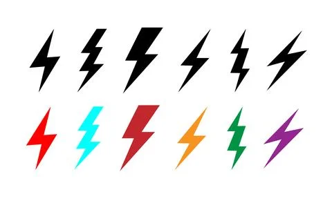 Set of lighting bolt icon. Hand drawn doodle electric lightning symbol sketch. Stock Illustration