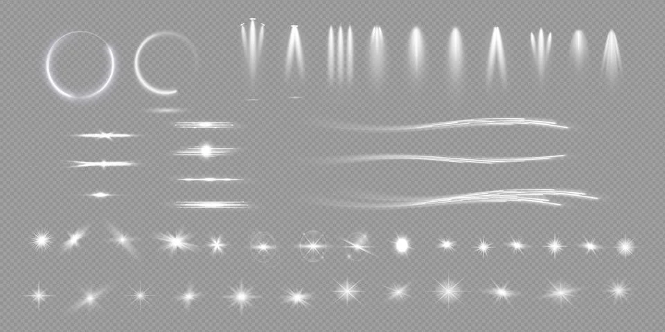 Set of lighting effects effect, beam, sparkle, line, glow, white. Glow abstract Stock Illustration
