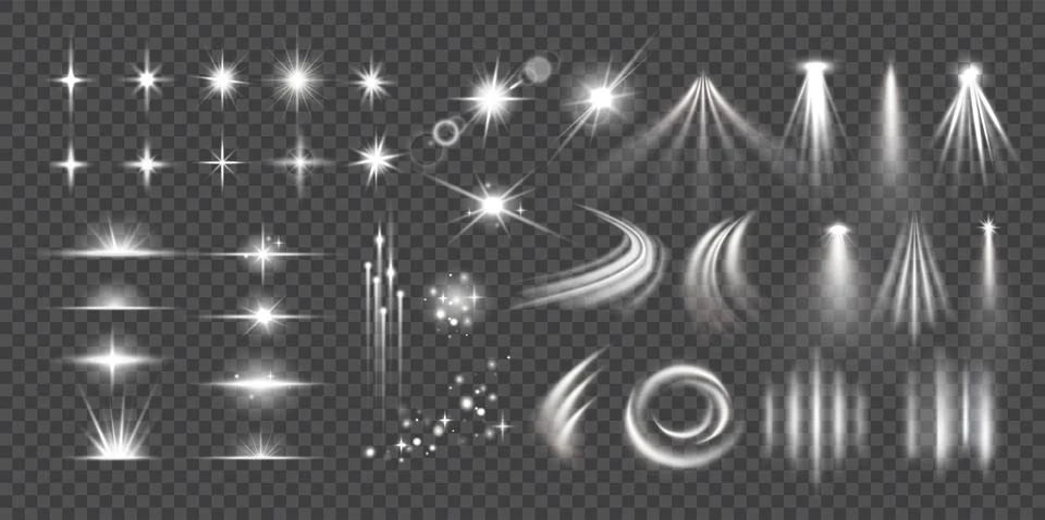 Set of lighting effects. Ray, flash, radiance, beam, sparkle and glow. Light Stock Illustration