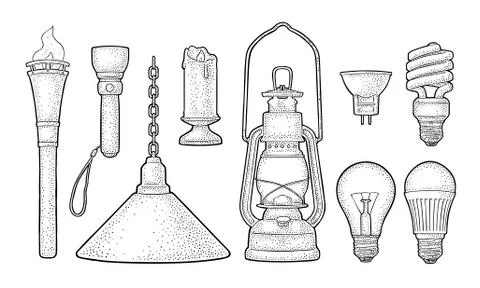 Set lighting object. Torch, candle, flashlight, different types electric lamps Stock Illustration