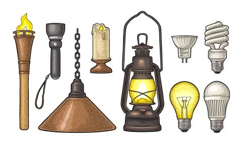 Set lighting object. Torch, candle, flashlight, different types electric lamps Stock Illustration