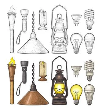Set lighting object. Torch, candle, flashlight, different types electric lamp Stock Illustration