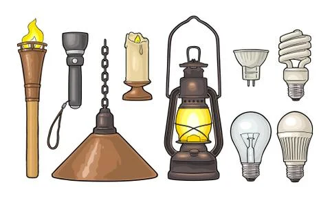 Set lighting object. Torch, candle, flashlight, different types electric lamp Stock Illustration