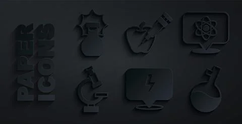 Set Lightning bolt, Atom, Microscope, Test tube, Genetically modified apple.. イラスト素材