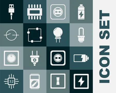 Set Lightning bolt, Battery charge level indicator, LED light bulb, Electri.. Stock Illustration