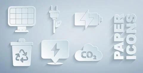 Set Lightning bolt, Battery, Recycle bin with recycle, CO2 emissions cloud,.. Stock Illustration