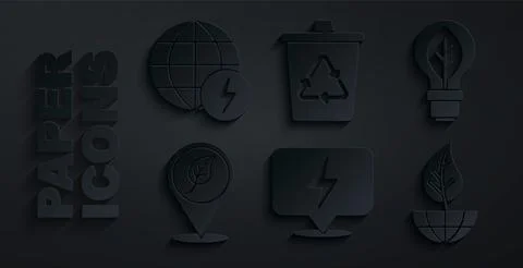 Set Lightning bolt, bulb with leaf, Location, Earth globe and, Recycle bin 스톡 일러스트