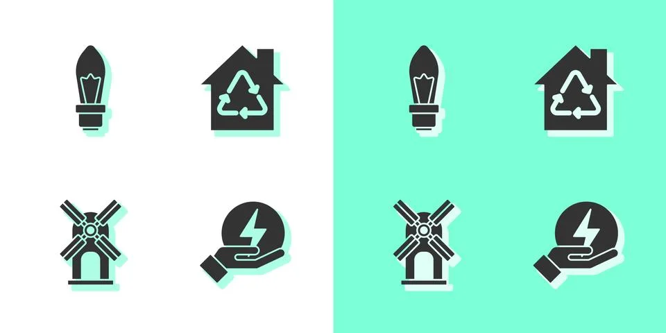 Set Lightning bolt, bulb, Wind turbine and Eco House with recycling icon. Vector 스톡 일러스트