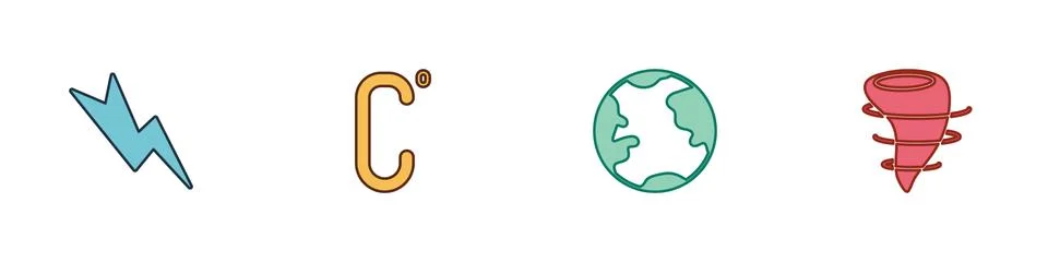 Set Lightning bolt, Celsius, Earth globe and Tornado icon. Vector Ilustración de archivo
