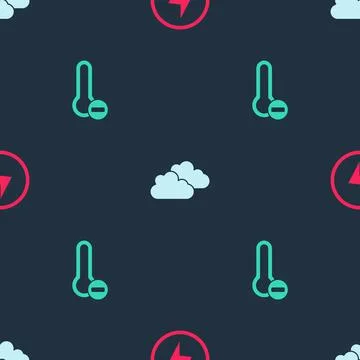 Set Lightning bolt, Cloud and Meteorology thermometer on seamless pattern イラスト素材