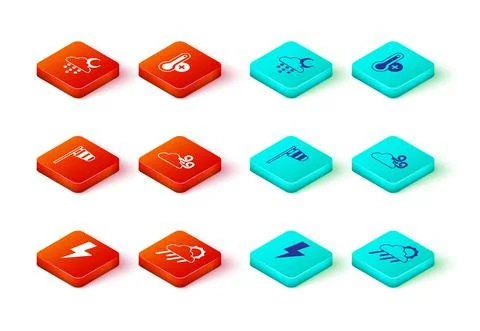 Set Lightning bolt, Cloud with rain and sun, Cone windsock wind vane, Windy Stock Illustration