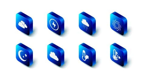 Set Lightning bolt, Cloud with rain, Tornado, Meteorology thermometer, Moon and Stock Illustration