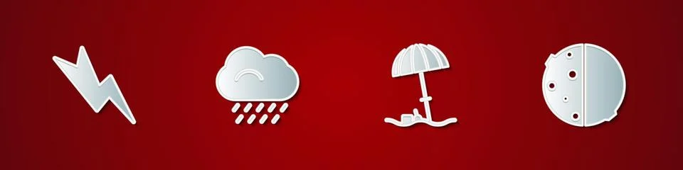 Set Lightning bolt, Cloud with rain, Sun protective umbrella for beach and Ec Stock Illustration