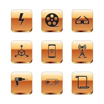 Set Lightning bolt, Drill machine, Gamepad, Smartphone with wireless, Isometric Stock Illustration