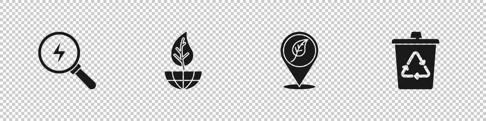 Set Lightning bolt, Earth globe and leaf, Location with and Recycle bin recycle 스톡 일러스트