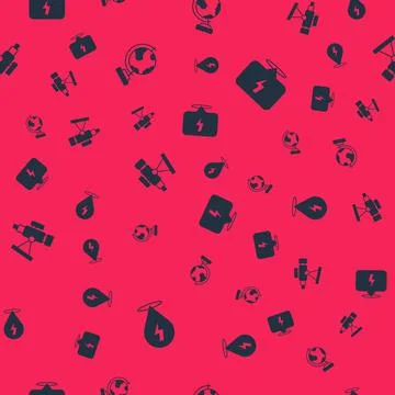 Set Lightning bolt, Earth globe, Telescope and on seamless pattern. Vector Stock Illustration