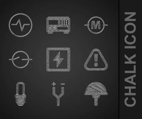 Set Lightning bolt, Electric cable, emitting diode, Exclamation mark triangle Stock Illustration