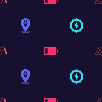 Set Lightning bolt, Electric plug, Battery and Solar energy panel on seamless Illustrazione stock