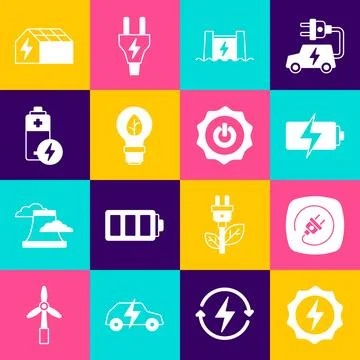 Set Lightning bolt, Electric plug, Battery, Hydroelectric dam, bulb with leaf Stock Illustration