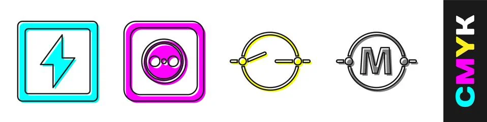 Set Lightning bolt, Electrical outlet, Electric circuit scheme and Electric Ilustração Stock