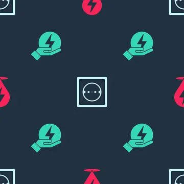 Set Lightning bolt, Electrical outlet and on seamless pattern. Vector Stock Illustration