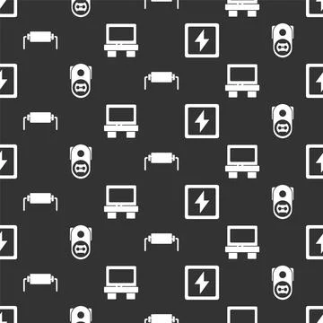 Set Lightning bolt, Electrical outlet, Resistor electricity and Fuse on seamless 스톡 일러스트