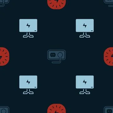 Set Lightning bolt, Electrical outlet and Smart Tv on seamless pattern. Vector Illustrazione stock