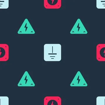 Set Lightning bolt, Electrical symbol ground and High voltage on seamless pat 스톡 일러스트