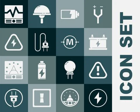 Set Lightning bolt, Exclamation mark triangle, Car battery, Battery charge level Stock Illustration