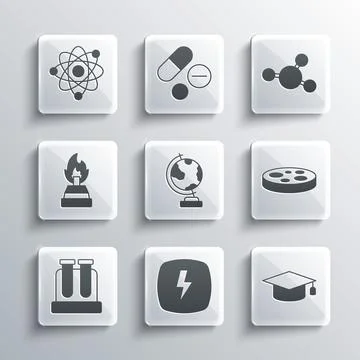 Set Lightning bolt, Graduation cap, Petri dish with bacteria, Earth globe, Te 스톡 일러스트