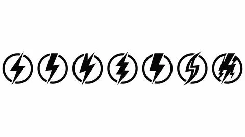 Set of lightning bolt icons in circles with lightning electricity electric Stock Illustration