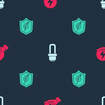 Set Lightning bolt, LED light bulb and Shield with leaf on seamless pattern Illustrazione stock